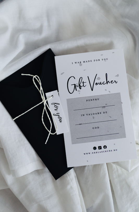 Card cadou DR. BLA SCRUBS pentru uniforme medicale premium și haine streetwear.